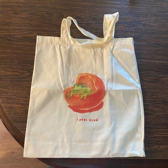 I Peel Good Pun Canvas Beach Grocery Tote Bag Frog inside Orange NWOT Cotton - Picture 5 of 5